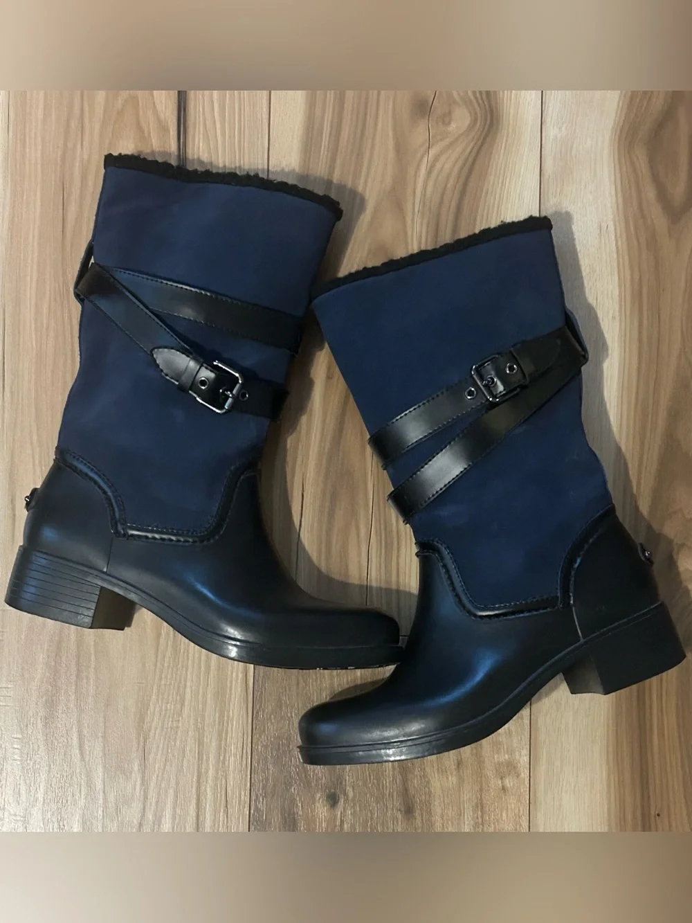 Coach Zena Navy Suede and Black Leather Mid-Calf Buckle Boots Size 8